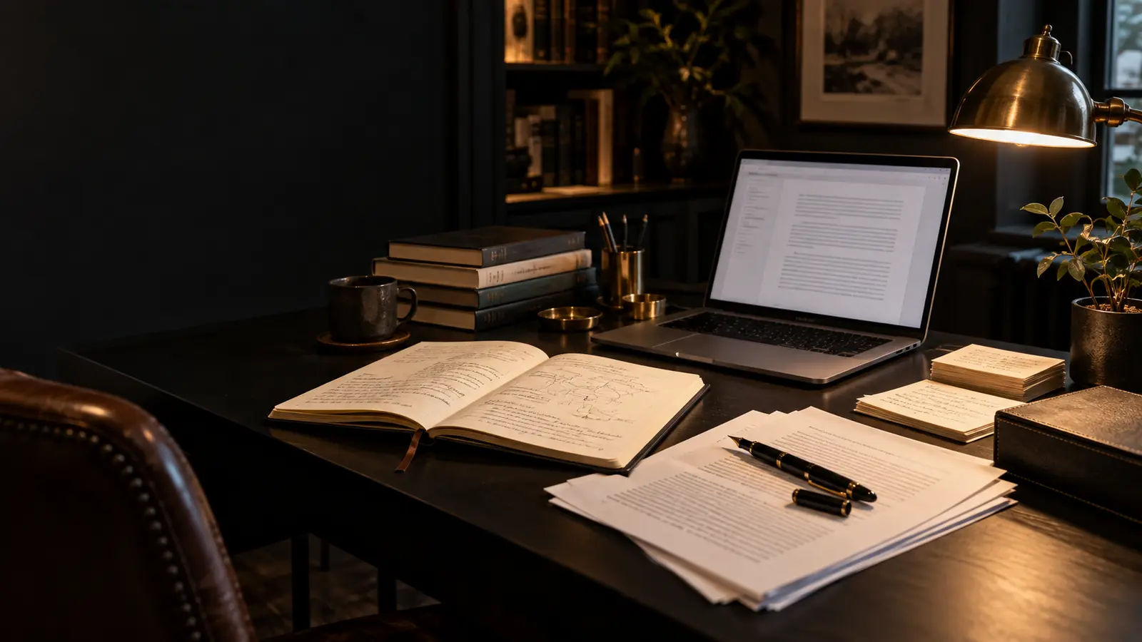 Mesa de trabajo de un escritor fantasma con manuscrito, investigación y ordenador